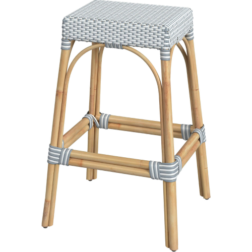 Robias 30" Bar Stool in White & Sky Blue Dot & Natural Rattan