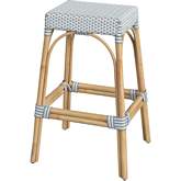 Robias 30" Bar Stool in White & Sky Blue Dot & Natural Rattan