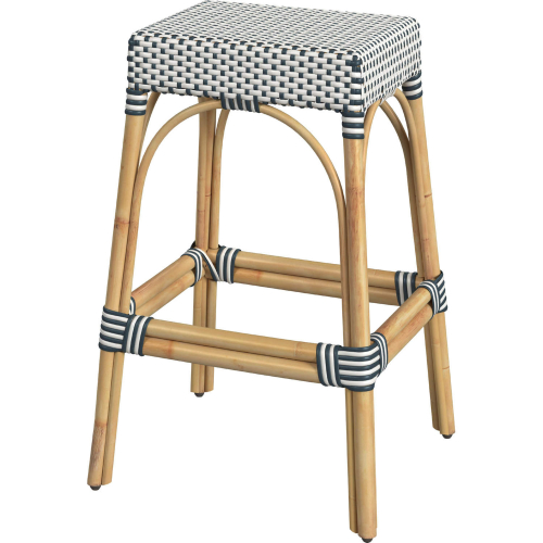 Robias 30" Bar Stool in White & Navy Stripe PE Rattan & Natural Rattan