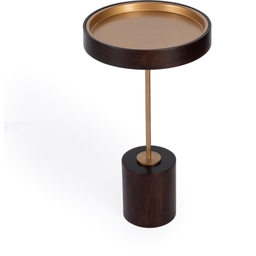 Shen Pedestal Side Table in Dark Brown Wood & Gold Metal