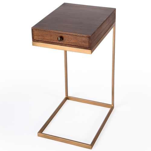 Alec 1 Drawer C Shaped End Side Table in Walnut Finish & Gold