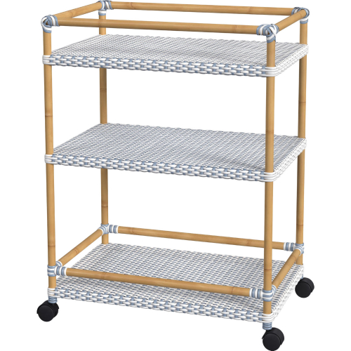 Tobias Outdoor 3 Tier Bar Cart in White, Baby Blue Dot & Natural Rattan