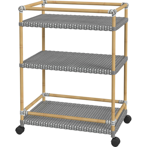 Tobias Outdoor 3 Tier Bar Cart in Gray, White Dot & Natural Rattan