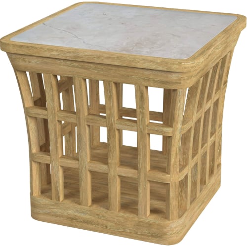 Monhegan Outdoor End Table in Cream Marble & Light Brown Teak