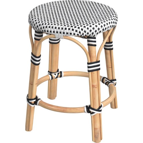 Tobias 18" Round Dining Stool in White & Black Dot PE Rattan & Natural Rattan