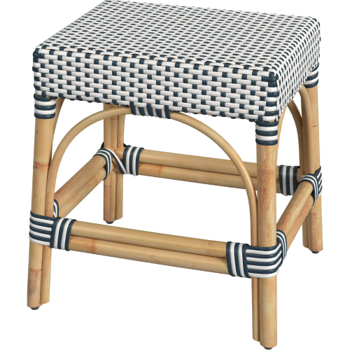 Robias 18" Dining Stool in White & Navy Stripe & Natural Rattan