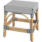 Robias 18" Dining Stool in White & Navy Stripe & Natural Rattan