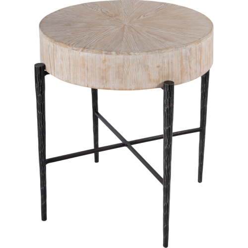 Akemi 24.5" Round Side Table in White Washed Wood & Black Iron