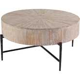 Akemi 38.5" Round Coffee Table in White Washed Wood & Black Iron