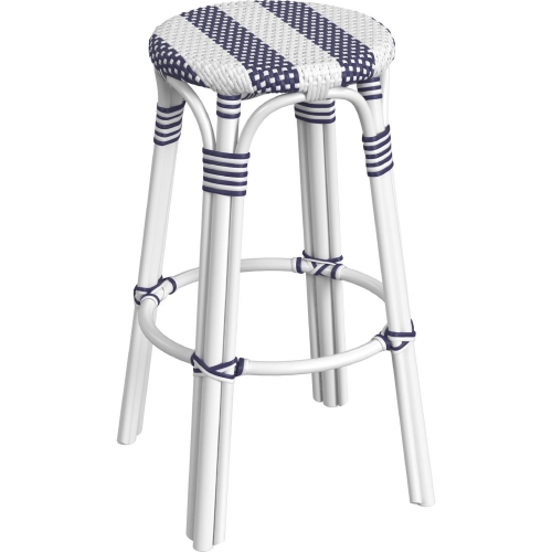 Tobias 30"H Round Bar Stool in Navy & White Poly & White Rattan