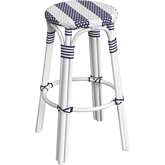 Tobias 30"H Round Bar Stool in Navy & White Poly & White Rattan