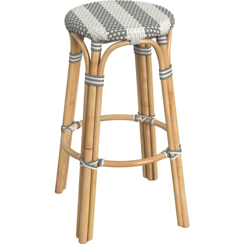 Tobias 30"H Round Bar Stool in Damask Gray Stripe Poly & Rattan