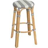 Tobias 30"H Round Bar Stool in Damask Gray Stripe Poly & Rattan