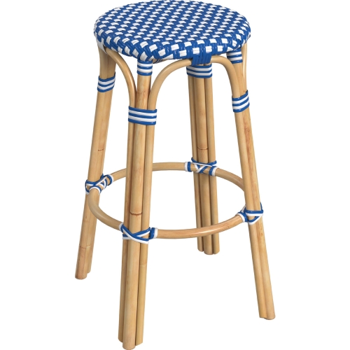 Tobias 30"H Round Bar Stool in Sky Blue & White Poly & Rattan