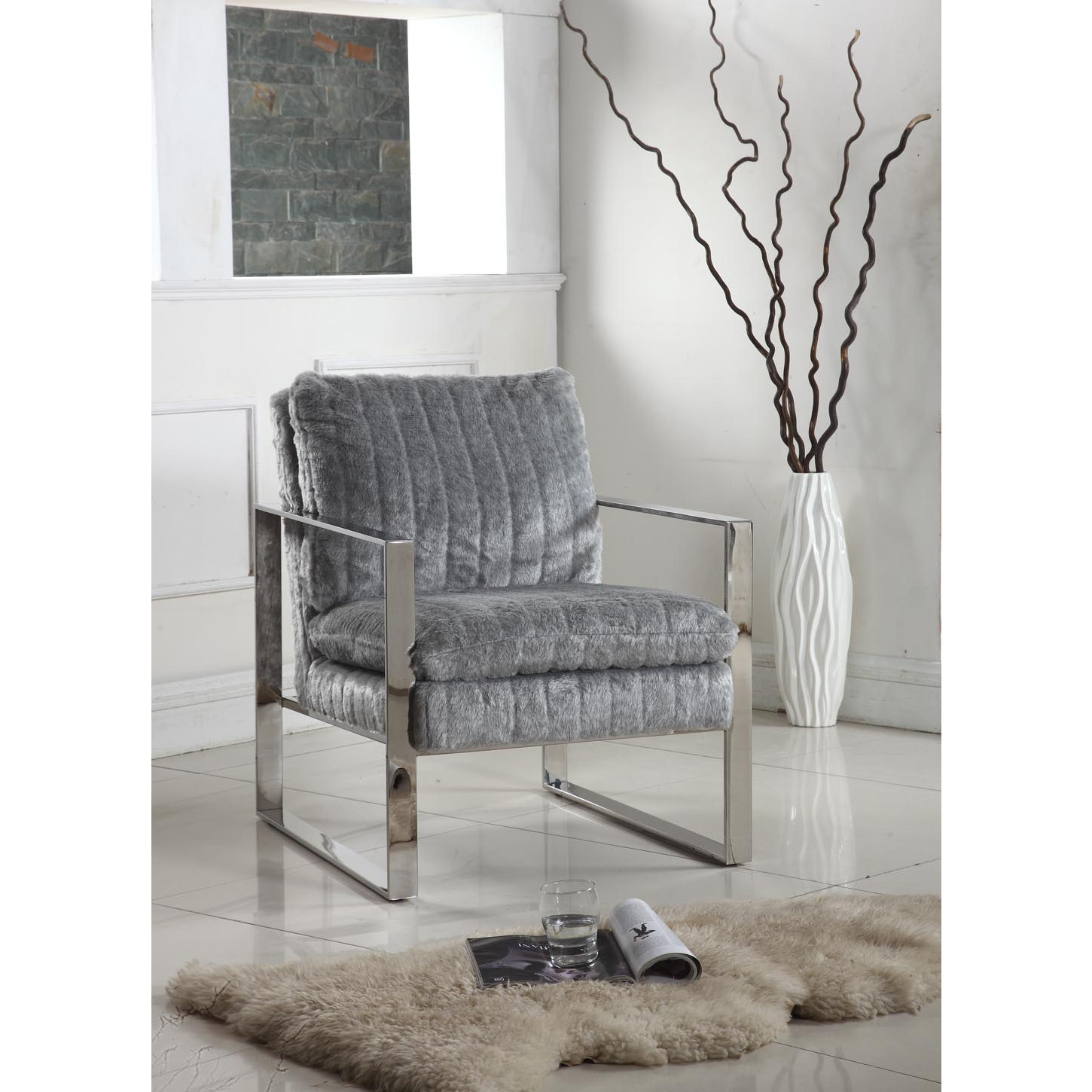 Chintaly 2012 ACC GRY Accent Arm Chair In Channel Tufted Gray Fabric   2012 ACC GRY 