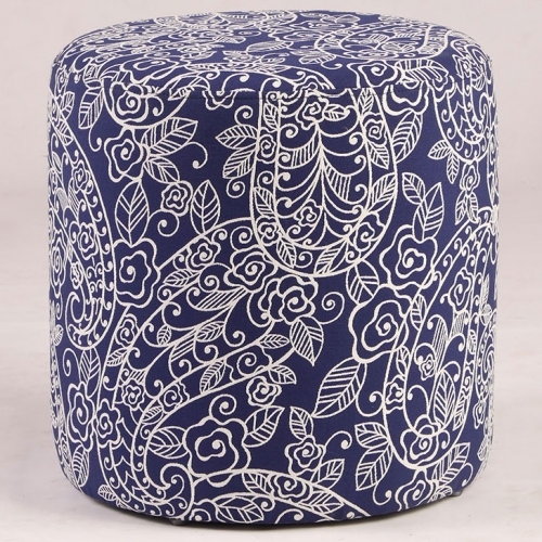 2 Piece Round Ottoman Set in Blue & White Paisley