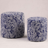 2 Piece Round Ottoman Set in Blue & White Paisley