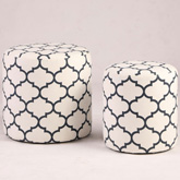 2 Piece Round Ottoman Set in White & Gray Geometric