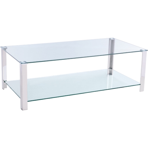 47" Coffee Table in Glass & Polished Steel w/ Shelf