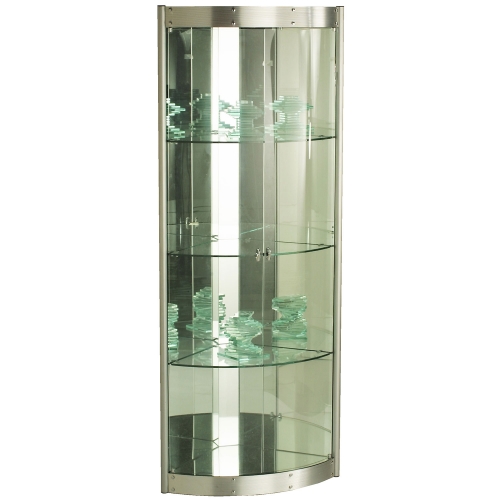 Corner Curio w/ Curved Glass Front & Mirror Interior in Silver