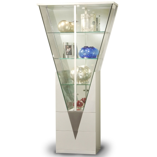 Triangular Curio w/ Mirrored Interior in Silver