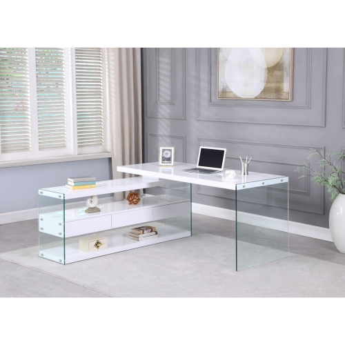 6902 Desk w/ 3 Drawers & 3 Shelves in Glass & Gloss White