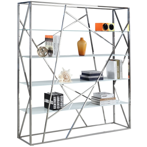 4 Shelf Bookcase in Stainless Steel & White Starphire Tempered Glass