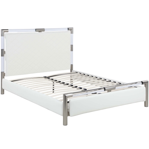 Barcelona Queen Bed in Acrylic, Nickel & Diamond Stitched White Leatherette