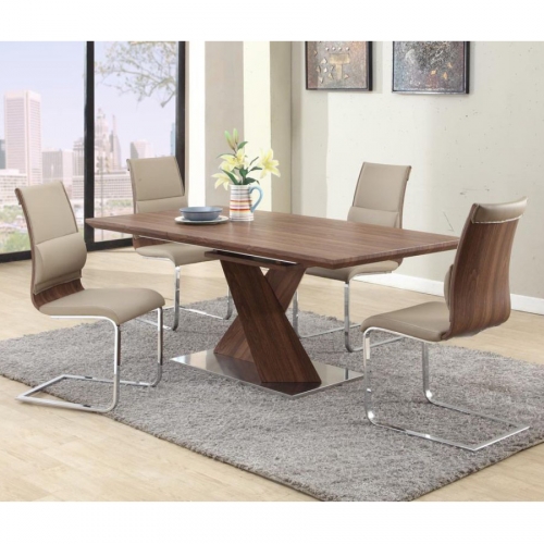 Bethany 5 Piece Dining Set in Stainless Steel, Walnut Finish & Taupe Leatherette