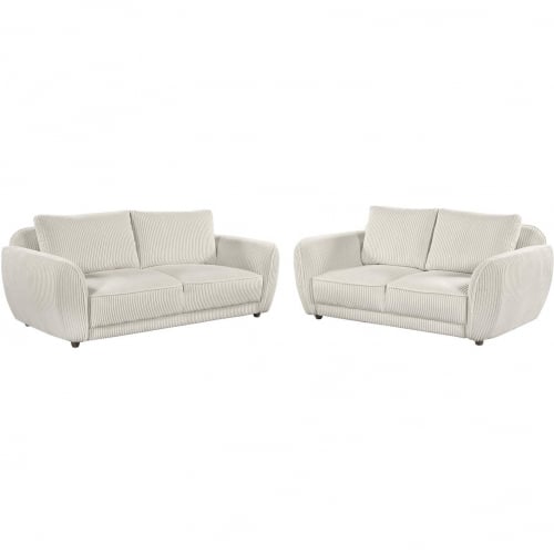 Charleston 2 Piece Sofa & Loveseat Set in Channel Tufted Beige Velvet & Gray Oak