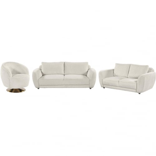 Charleston 3 Piece Sofa Set in Channel Tufted Beige Velvet & Gray Oak