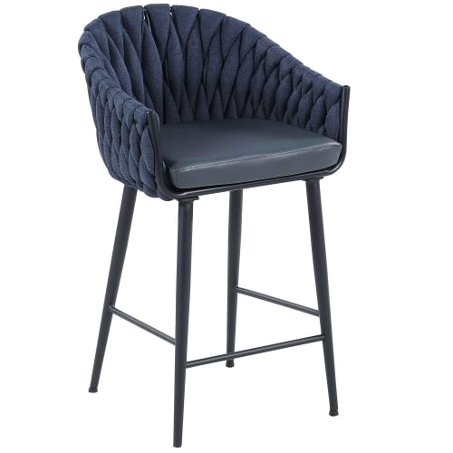 Dina Weave Back Counter Stool in Blue Fabric & Leatherette (Set of 2)