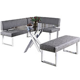 Genevive 3 Piece Dining Nook Set in Chrome & Grey Leatherette (Nook, Table, Bench)