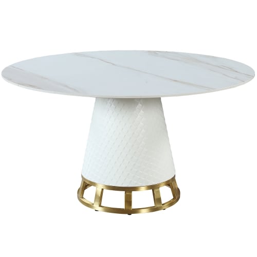 Khloe 55" Round Dining Table in White Ceramic & Brass