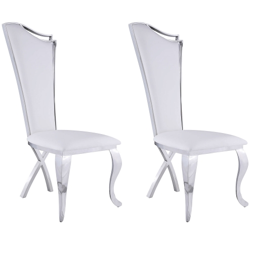 Nadia Tall Back Dining Chair in White Fabric on Stainless Legs (Set of 2)