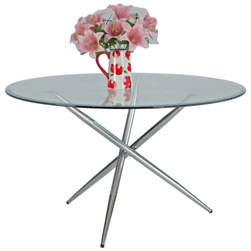 Patricia 43" Round Dining Table in Polished Stainless & Tempered Glass