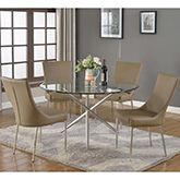 Patricia 5 Piece Dining Set in Polished Stainless & Tempered Glass with Brown Leatherette