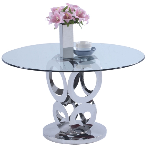 Raegan 51" Round Dining Table in Polished Stainless Steel & Glass