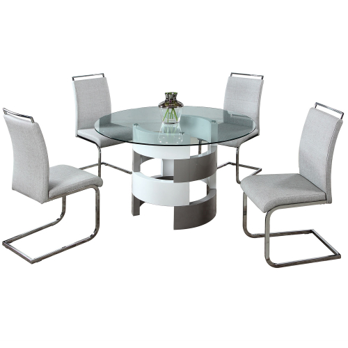 Sunny 5 Piece Dining Set in Gloss White & Grey w/ Grey Leatherette