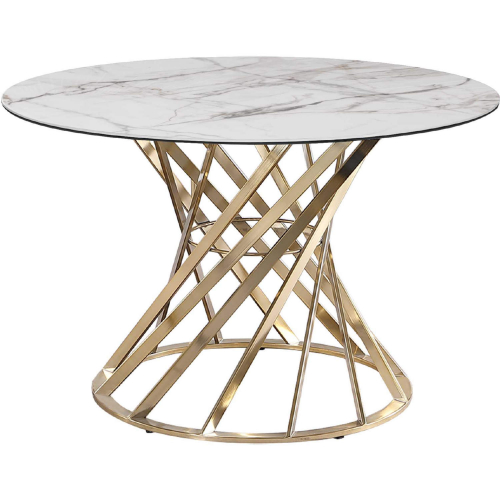 Tracy 47" Round Dining Table in White Sintered Stone & Brushed Gold