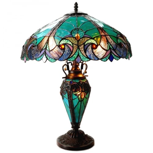 Liaison Tiffany Style Victorian 3 Light Double Lit Table Lamp w/ 18" Shade