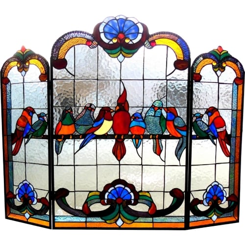 Aves Tiffany Glass Gathering Birds Design 3 Piece Folding Fireplace Screen 40" Wide