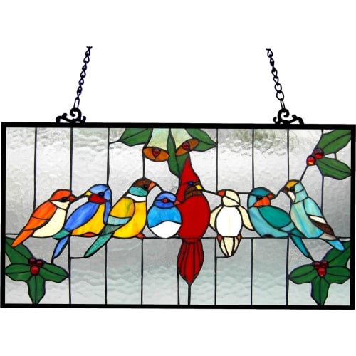 Aves Tiffany Glass Gathering Birds Window Panel 24.5X12.5