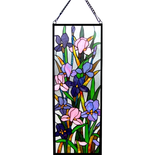 Sororia Tiffany Glass Iris Design Window Panel 11.5 X 31.5"