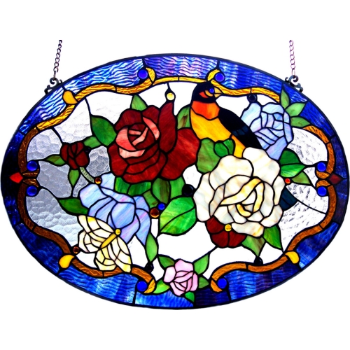 Alyssa Tiffany Glass Roses / Bird Window Panel 24X18