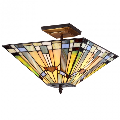 Kinsey Tiffany Style Mission 2 Light Semi-flush Ceiling Fixture with 14" Shade