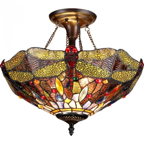 Tiffany Style Dragonfly 2 Light Semi-flush Ceiling Fixture w/ 16" Shade