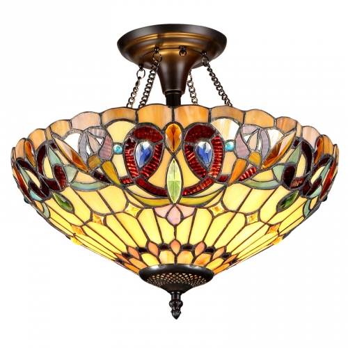 Serenity Tiffany Style Victorian 2 Light Semi-flush Ceiling Fixture w/ 16" Shade