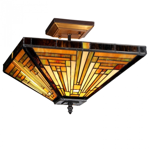 Innes Tiffany Style Mission 2 Light Semi-flush Ceiling Fixture w/ 14" Shade