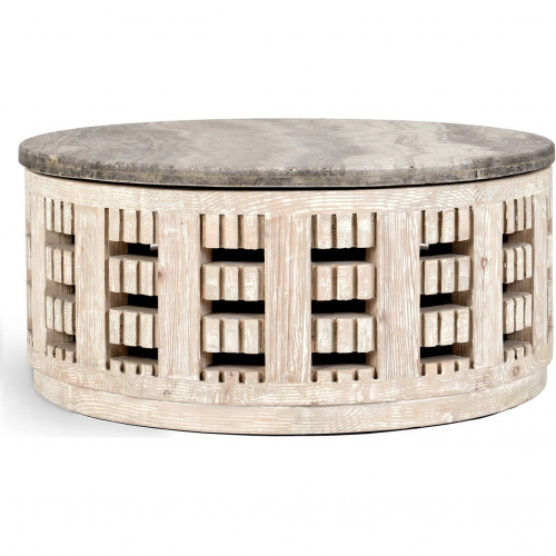 Becky 41" Round Coffee Table in Vintage Cream Wood & Travertine